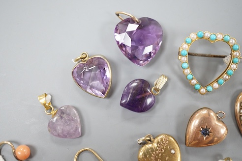 Nine assorted gem set heart shaoed pendants including amethyst and seed pearl, 21mm and turquoise and seed pearl and a pair of yellow metal and coral bead set drop earrings.